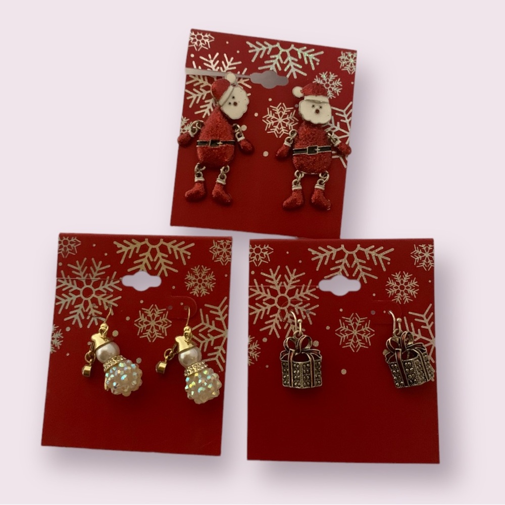 3 for $25 Christmas Santa Claus Snowman Present Set Earrings Stocking Stuffer